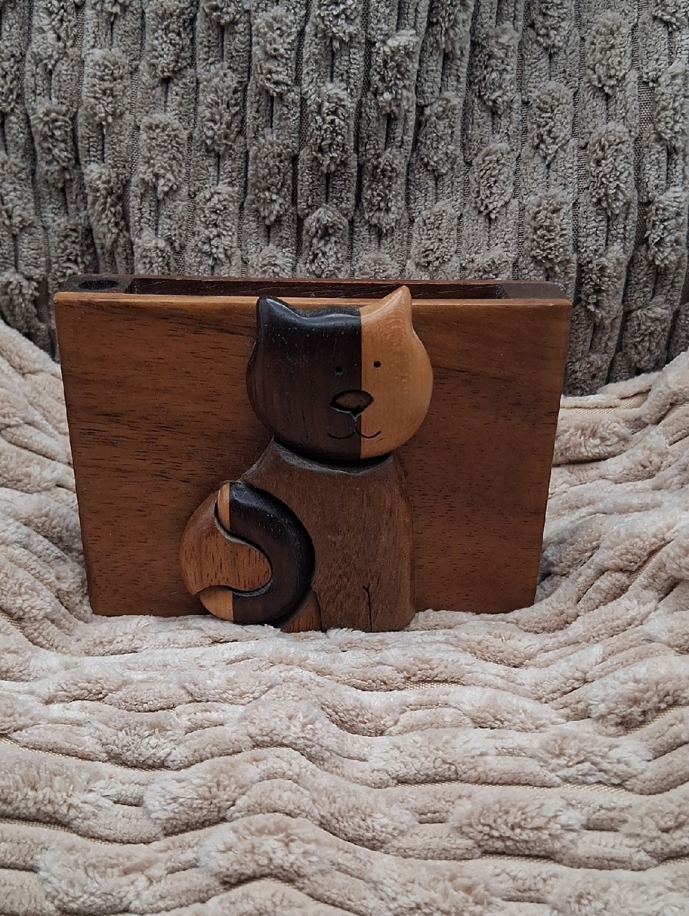 Vintage Handcrafted Wooden Cat Desk Organizer Card/Pen Holder